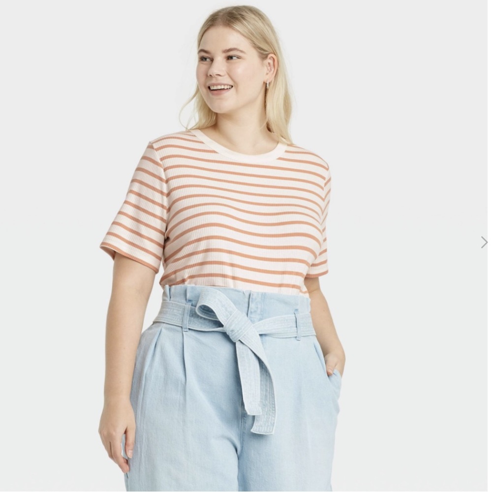 NWOT Women's Size Small Short Sleeve Ribbed T-Shirt A New Day Brown Striped